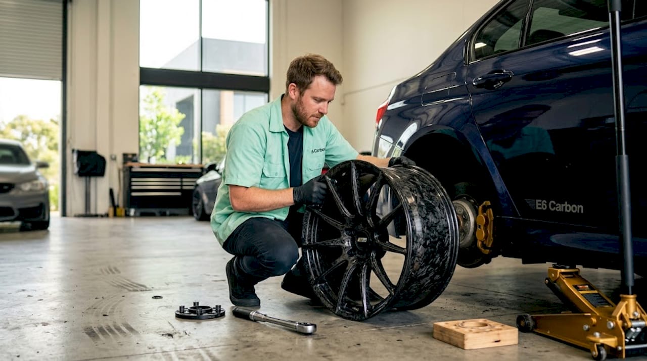 Man installing forged carbon fiber wheel