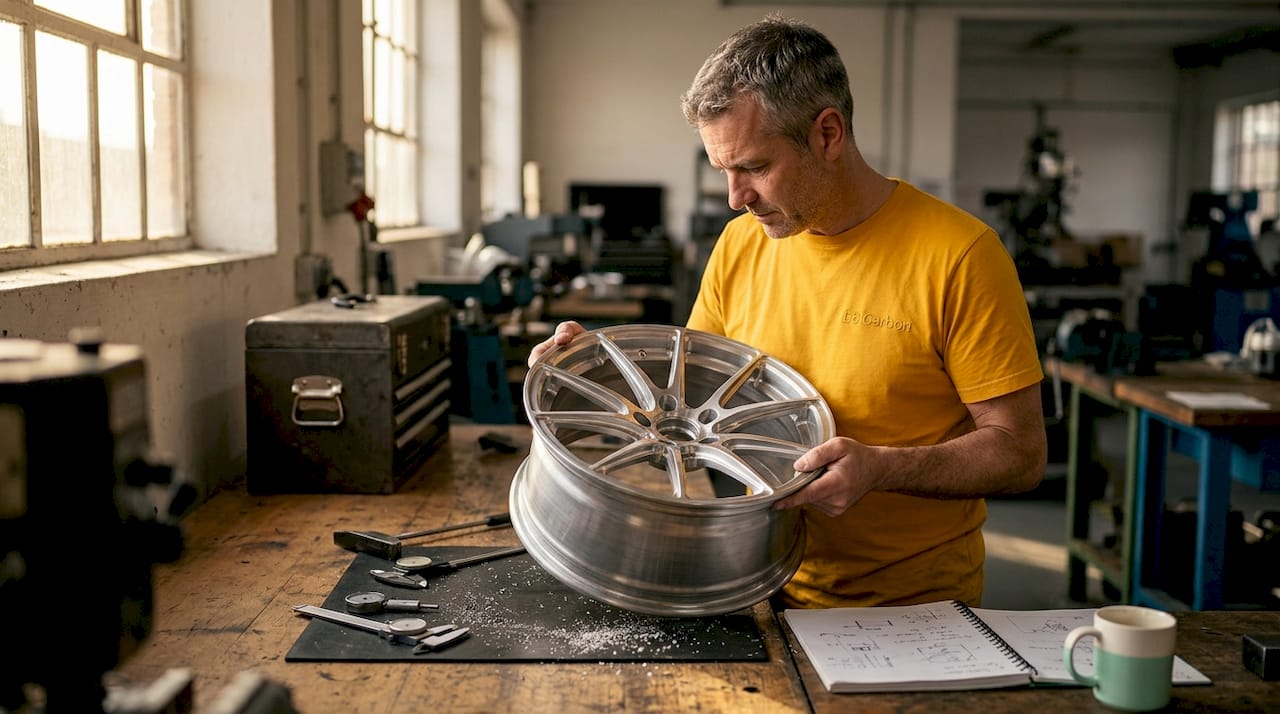 Engineer inspects forged split spoke wheel in workshop