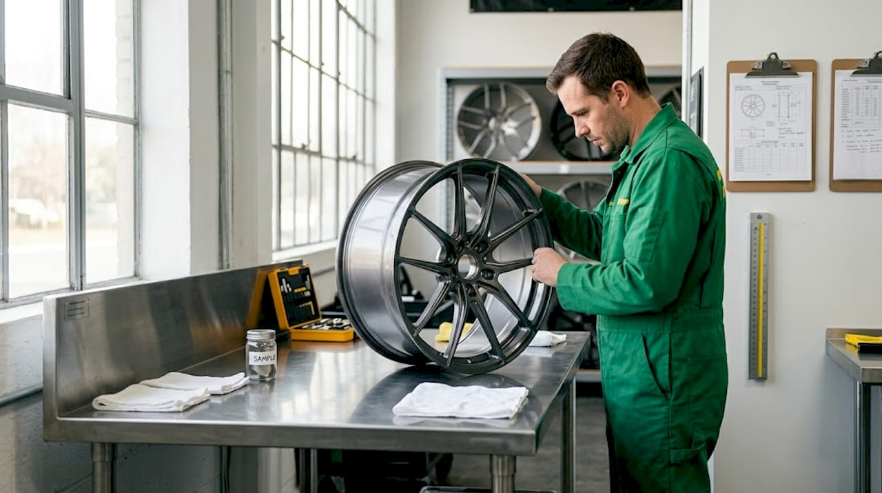 Technician inspects anodized forged aluminum wheel