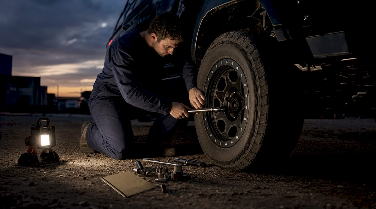 Technician installing E6 forged beadlock wheel