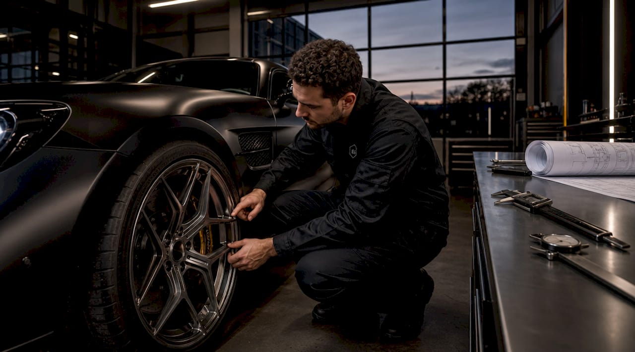 Engineer inspecting forged AMG GT wheel in workshop