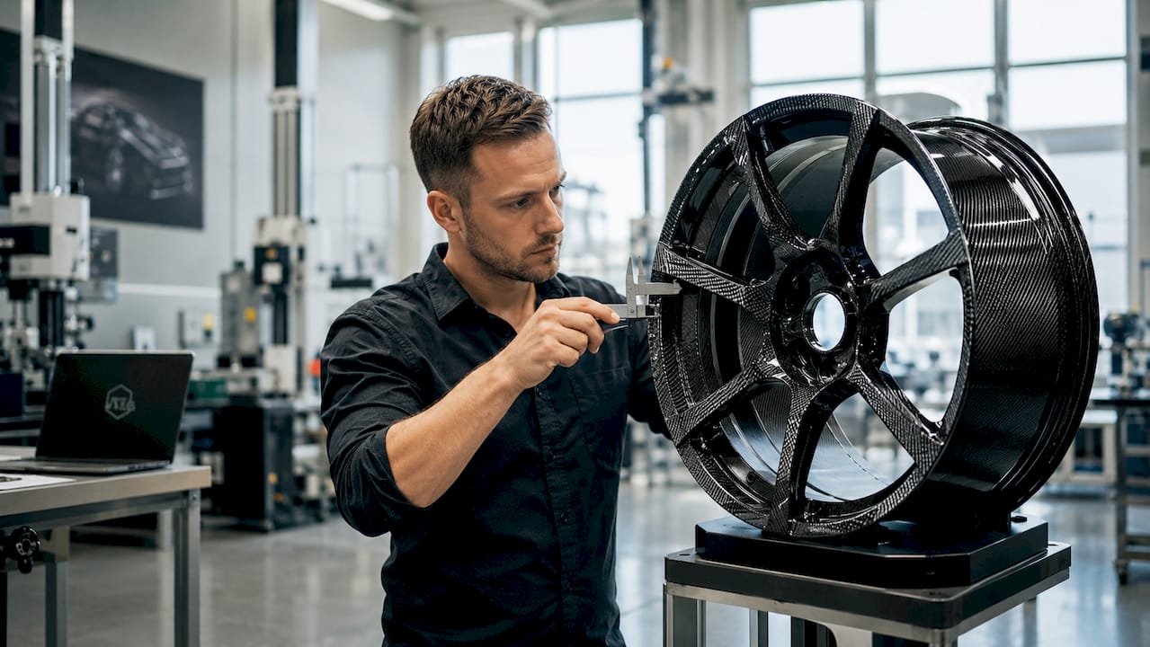 Engineer measuring spoke angle on directional wheel
