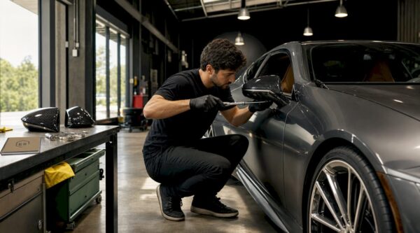 Technician installing carbon fiber mirror on Lexus LC500