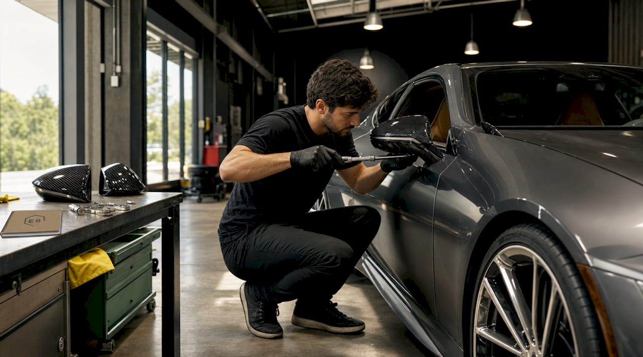Technician installing carbon fiber mirror on Lexus LC500