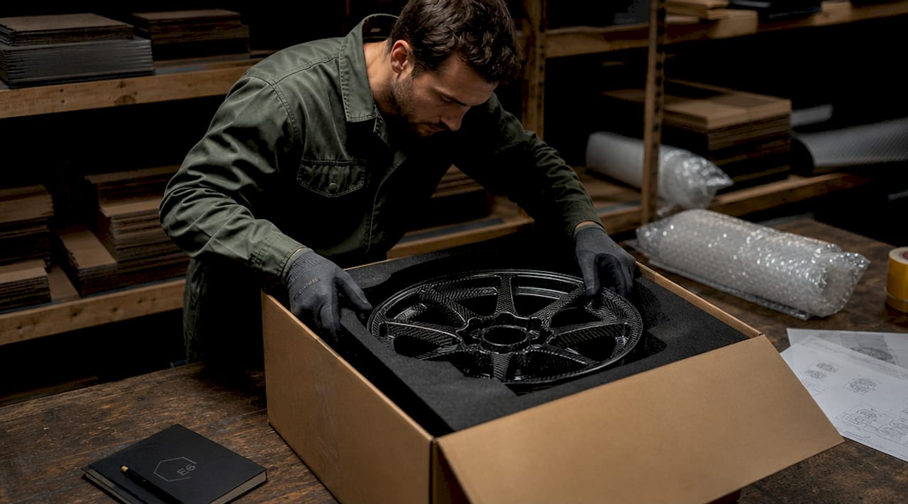 Worker packaging forged wheel in foam cradle