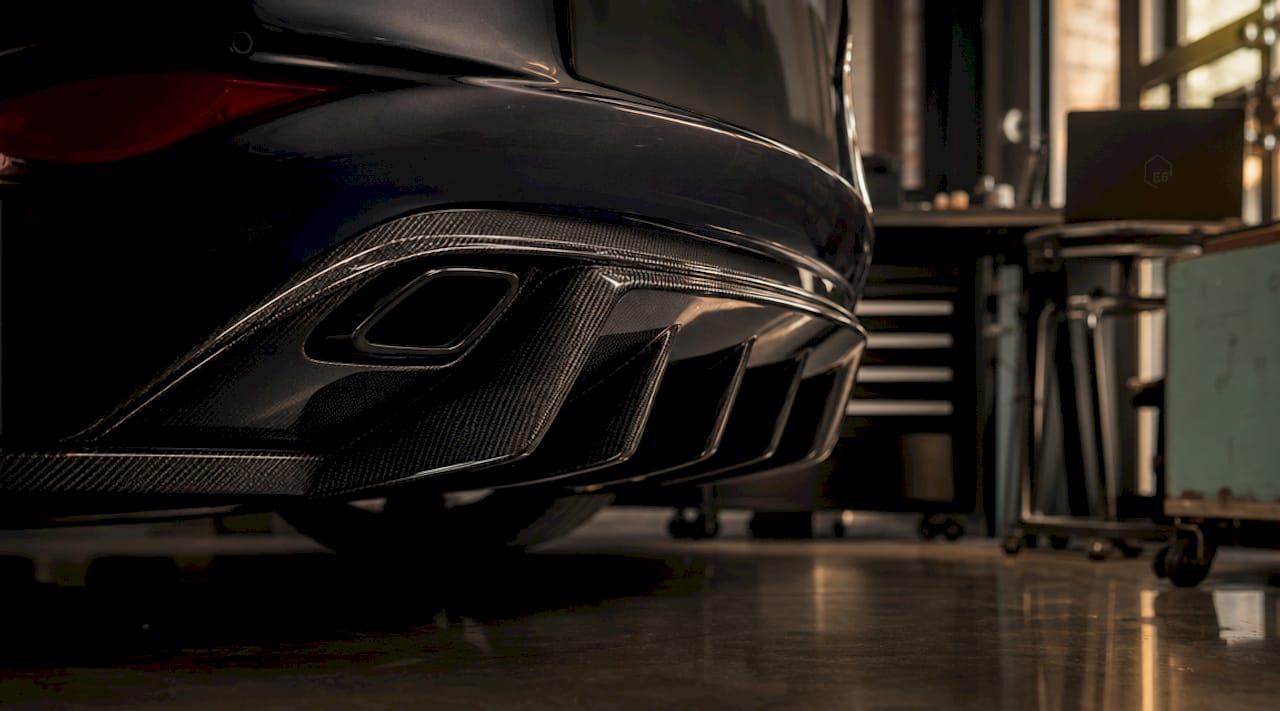 Close-up of Lexus LC500 rear diffuser made of dry carbon fiber