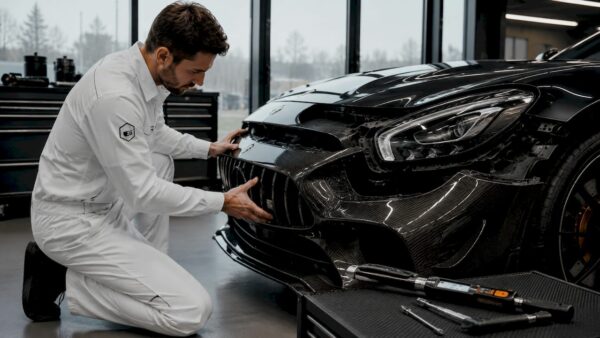 Technician installing AMG GTR front bumper on AMG GTS