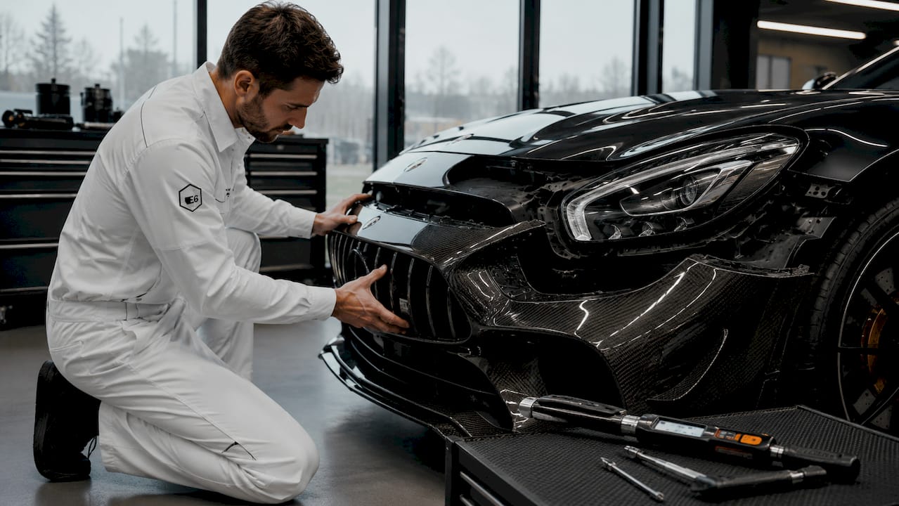Technician installing AMG GTR front bumper on AMG GTS