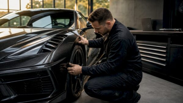 Mechanic fitting vented carbon fiber fenders on C8 Corvette
