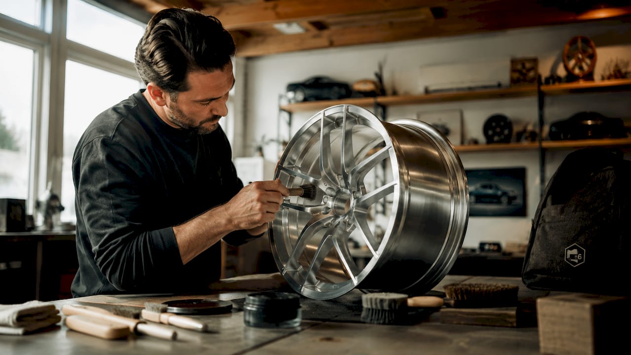 Craftsman hand-brushing aluminum luxury wheel surface