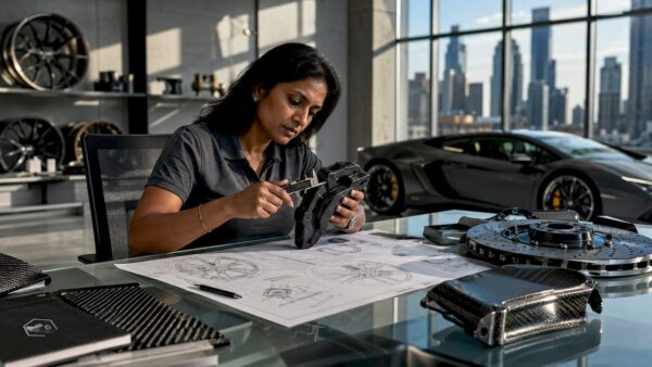 Engineer reviewing Huracán wheel and brake designs