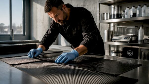 Technician handling prepreg carbon fiber sheets