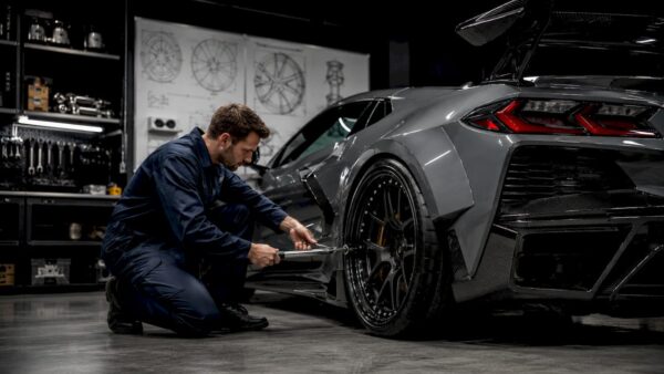 Engineer inspecting two-piece forged wheel on widebody C8 Corvette