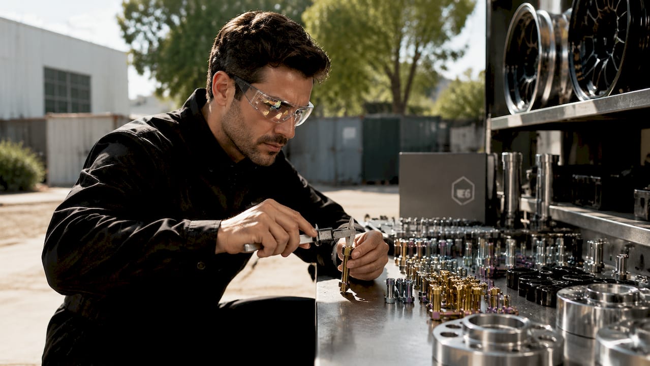 Engineer inspecting titanium wheel hardware