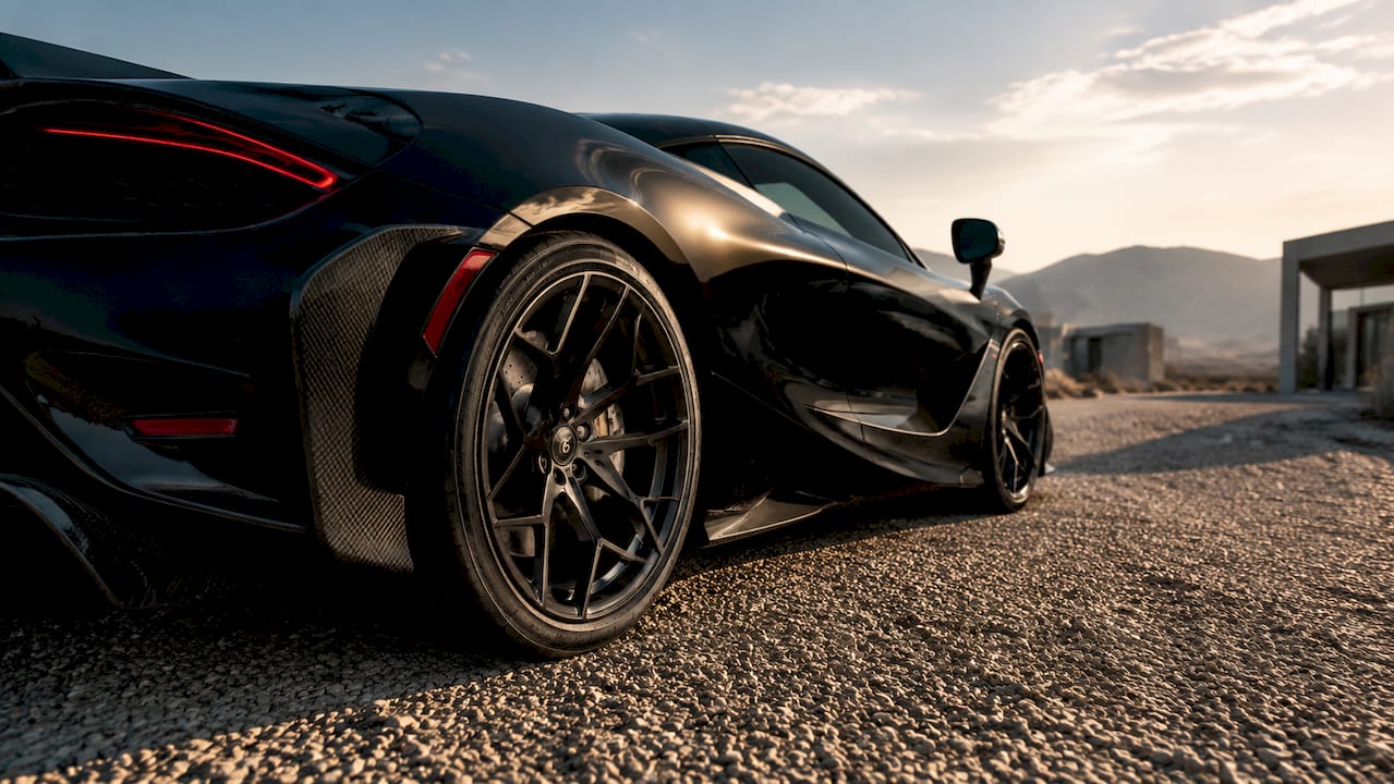 Close-up of forged wheel fitment on McLaren 720S