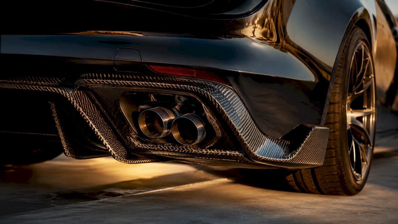 Close-up of Lexus LC500 rear with E6 valved titanium exhaust
