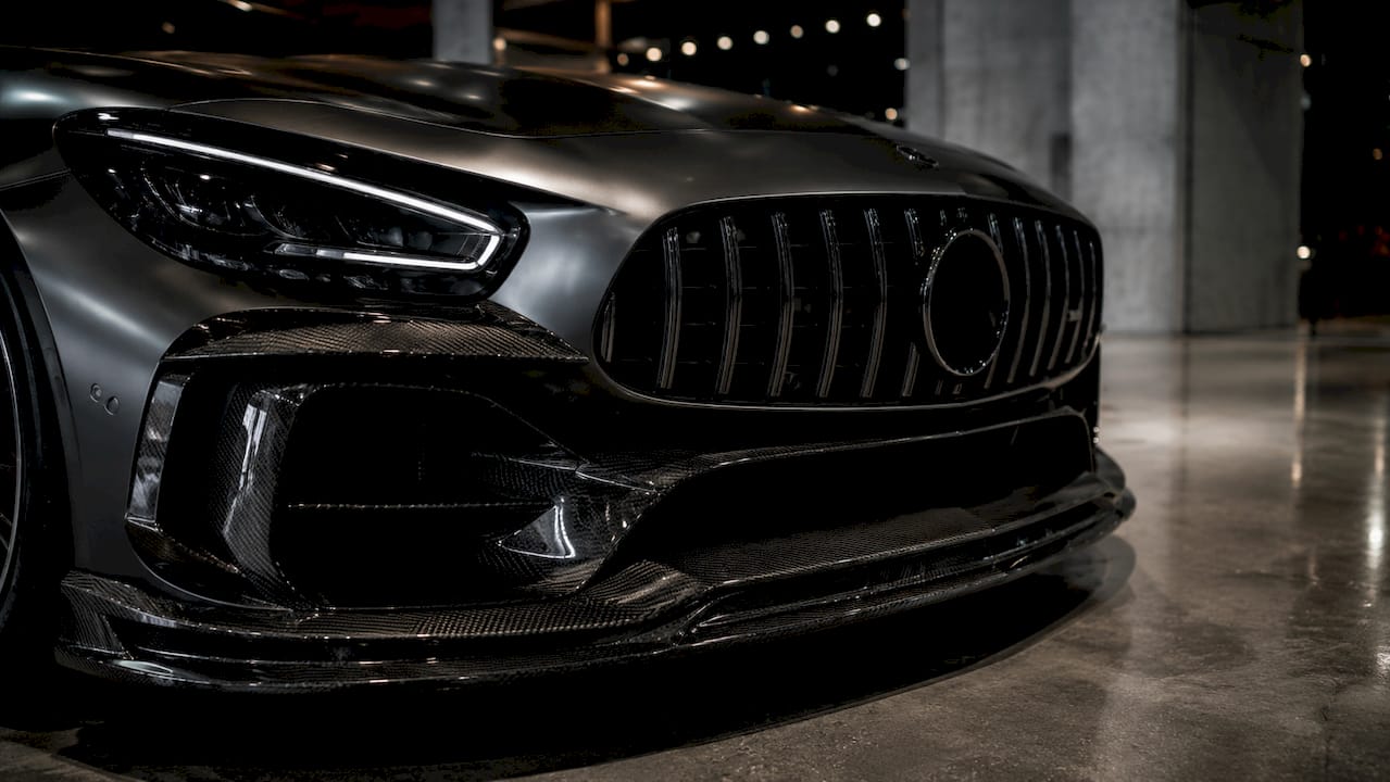 Close-up of AMG GT GTR carbon fiber front bumper detail