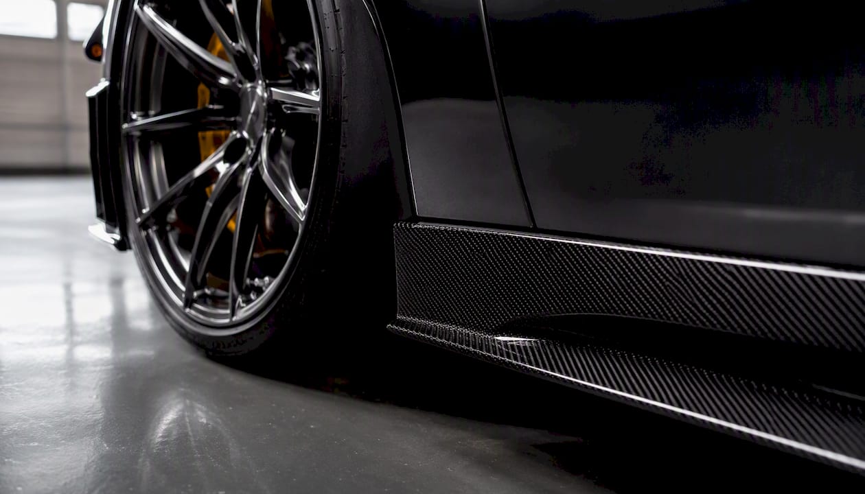Close-up of forged wheel and carbon fiber diffuser