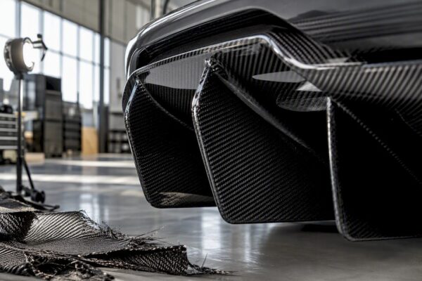 Close-up of carbon fiber front lip detail in dark studio