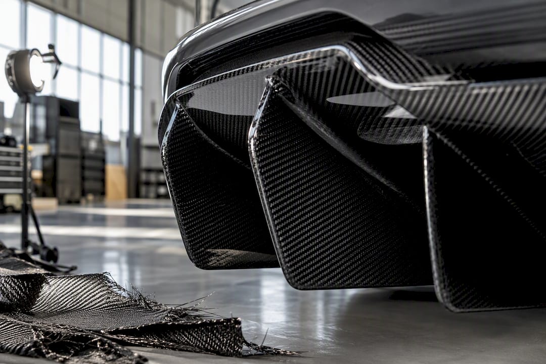 Close-up of carbon fiber front lip detail in dark studio