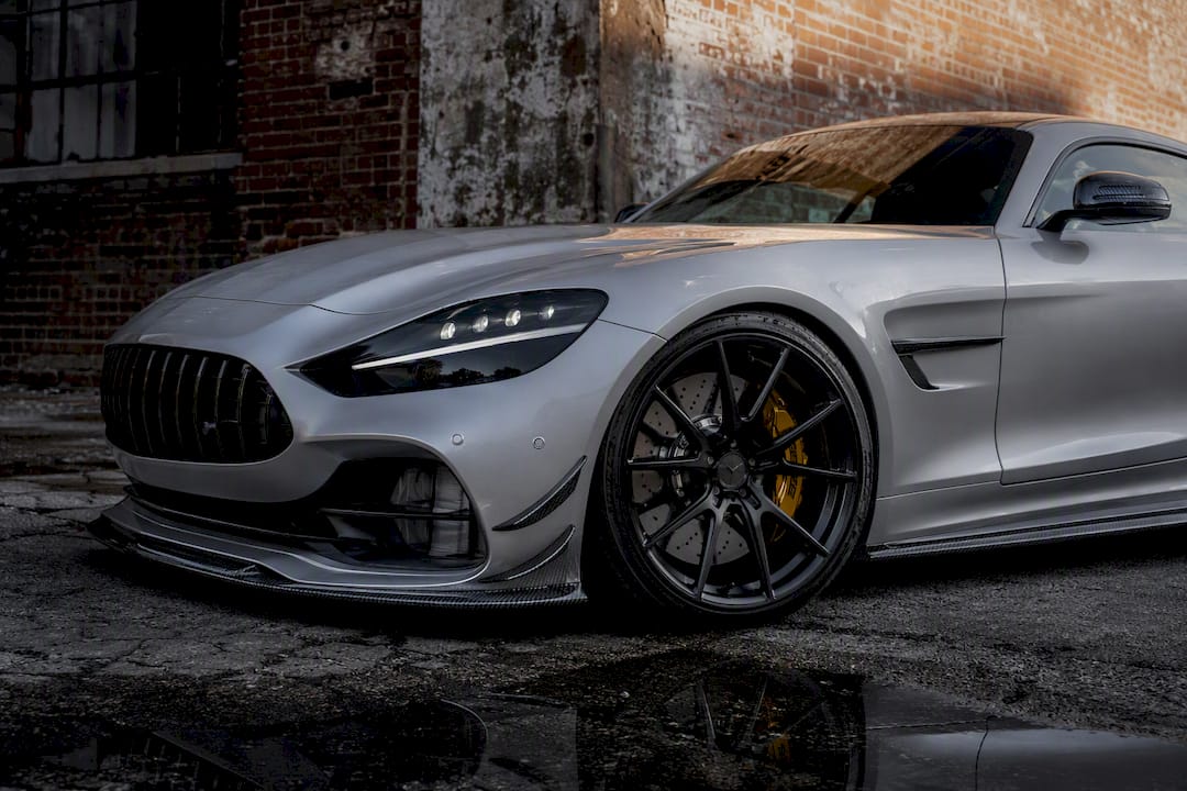 Close-up of carbon fiber aero parts on AMG GT