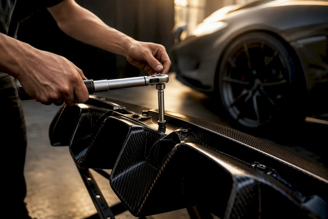 Hands installing forged carbon fiber diffuser