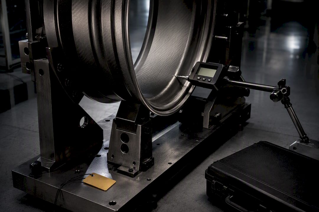Partial forged wheel undergoing certification inspection